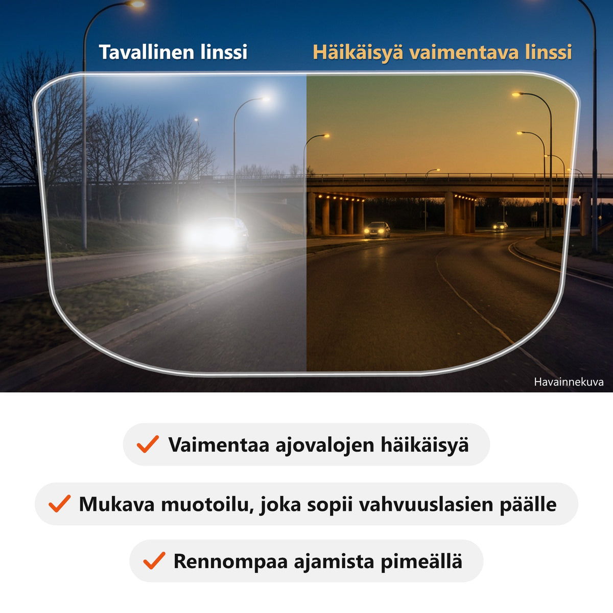 SunFit Drive – tavallinen linssi verrattuna häikäisyä vaimentavaan linssiin (havainnekuva)