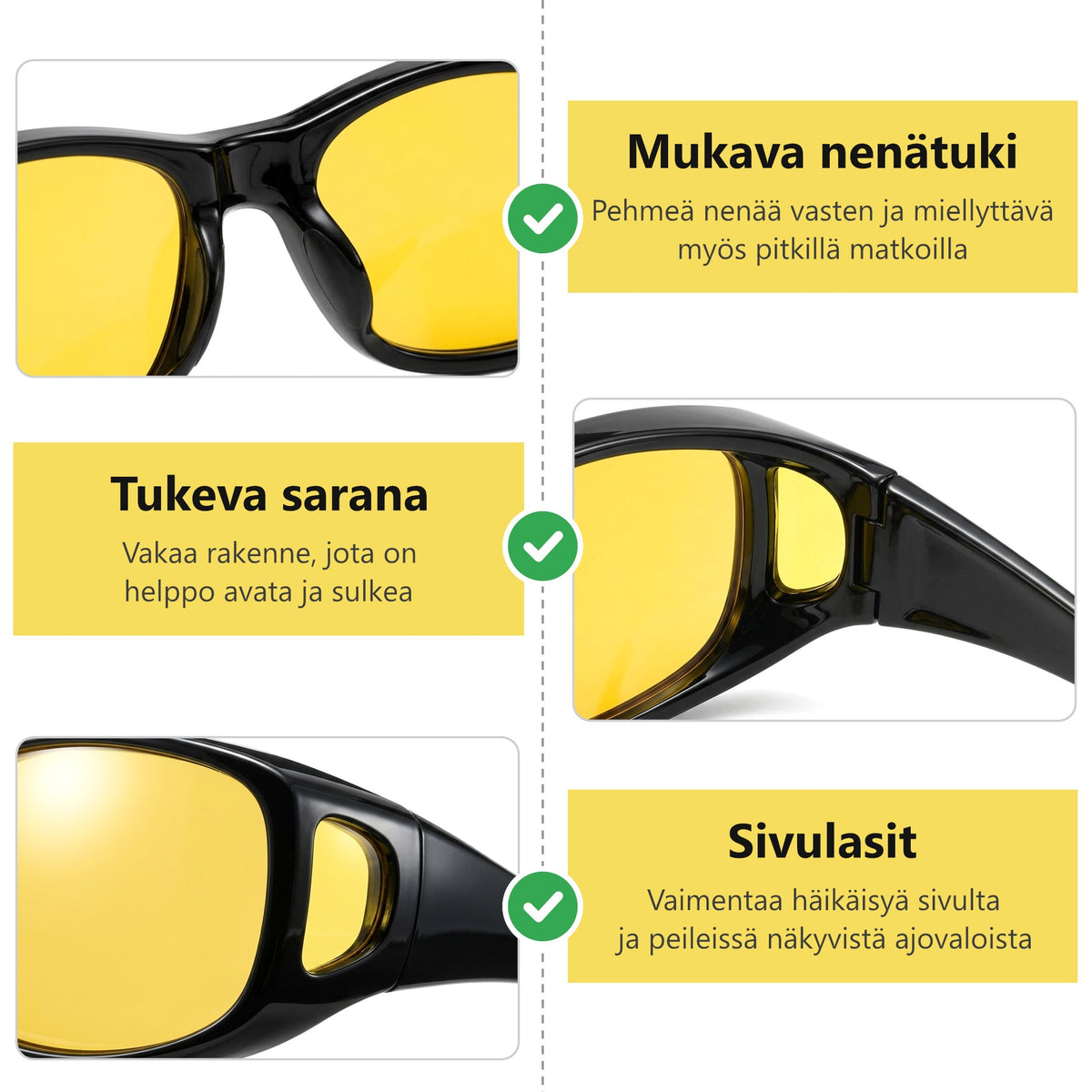 SunFit Drive Pro – nenätuki, sarana ja sivulasit lähikuvassa
